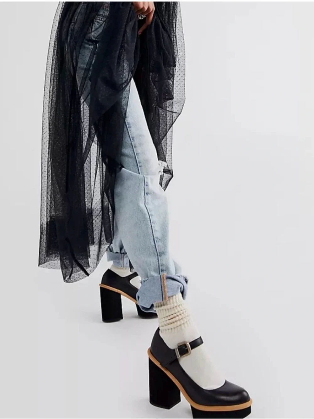 Free People Maggie Mary Jane Platform Heels Black Leather 37 Retro Chic - Picture 2 of 10